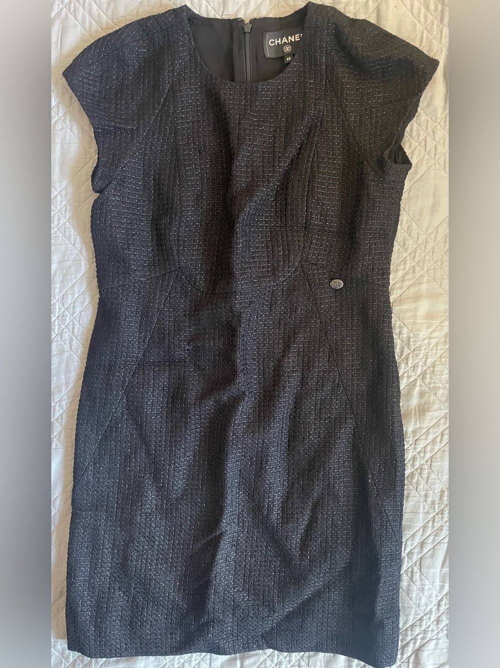 CHANEL Made in France Linen Blend Tweed Sheath Dress in Black Size 38